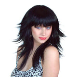 Black layered 80s wig with soft flicked sides and fringe, deluxe synthetic fibre retro costume wig.