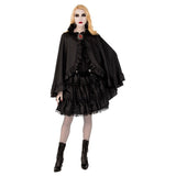 Adult black satin cape with tie neckline, long flowing design and smooth satin finish.