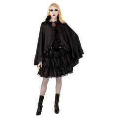 Adult black satin cape with tie neckline, long flowing design and smooth satin finish.