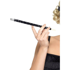 Black sequinned novelty cigarette holder with white mouthpiece and silver tip – 1920s costume accessory