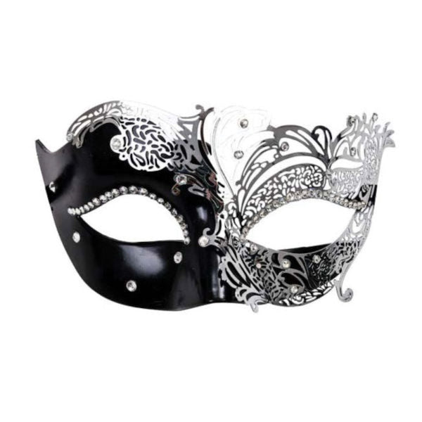 Black and silver filigree masquerade eye mask with diamantes and ribbon ties 