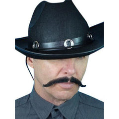 black tombstone moustache made from human hair, attach with double sided tape.