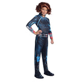Child wearing an officially licensed Black Widow Classic costume with printed jumpsuit and attached boot tops