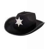 Cowboy Sheriff Hat. hat is black with silver sheriff badge.