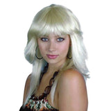 Blonde 80s layered wig with flicked sides and fringe, deluxe synthetic fibre costume wig.