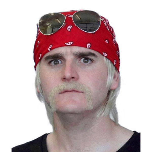 Blonde real human hair horseshoe moustache with adhesive for costume use.