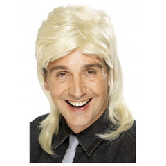 Blonde mullet wig with short top and long back, ideal for 1980s themed costumes or Aussie rock star dress-up