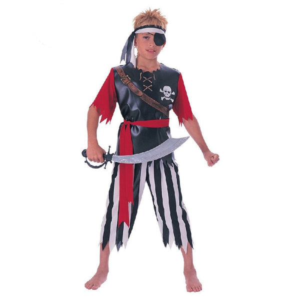 pirate king boys costume, printed shirt with vinyl front and stripe 3/4 length pants.