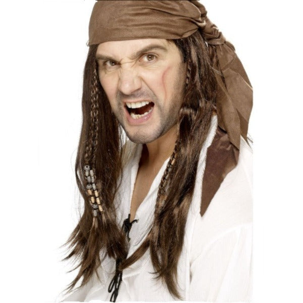 Brown buccaneer pirate wig with long straight hair, braids, and attached bandanna