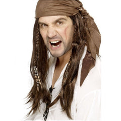 Brown buccaneer pirate wig with long straight hair, braids, and attached bandanna