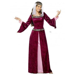 Burgundy Maid Marion Costume featuring a dress with braid detail and matching headpiece with veil, ideal for medieval-themed events.