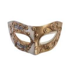 Camila masquerade face mask, half painted cream and gold with hints of musical notes and gold embossed detail.