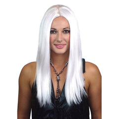 Long white centre part wig.