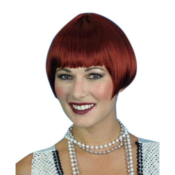Charleston auburn bob wig, cheek-length 1920s flapper hairstyle in smooth synthetic fibre.