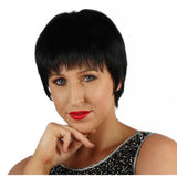 Short black bob wig with fringe inspired by Liza Minnelli in Cabaret, perfect for 1920s flapper costumes.
