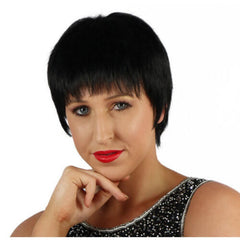 Short black bob wig with fringe inspired by Liza Minnelli in Cabaret, perfect for 1920s flapper costumes.
