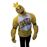 chica deluxe costume, plush fabric, mitts, overhead mask.