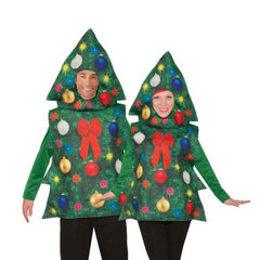 Christmas tree costume, shirt with seperate hood, printed front with babules and bow.