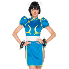 Chun-Li Street Fighter costume with blue dress, wrist cuffs, wig, and boots for hire in Brisbane