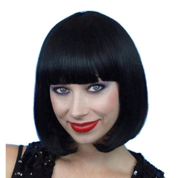 Classic black bob wig with chin-length cut and fringe