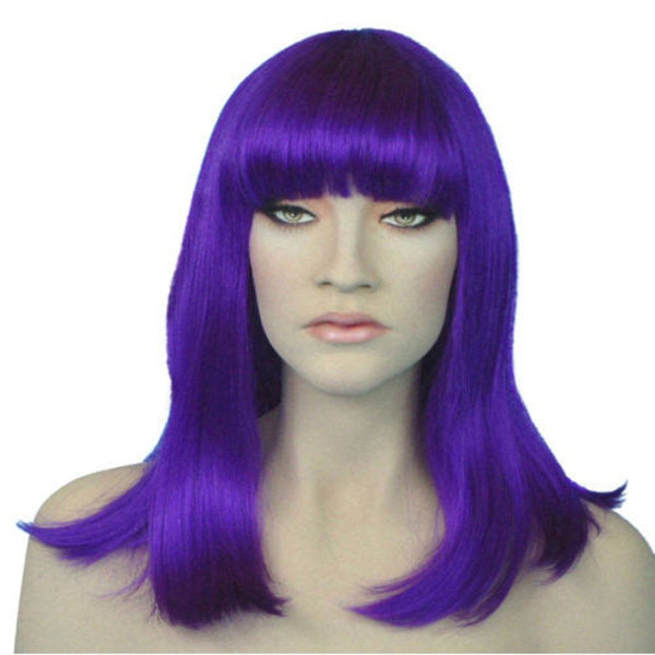 Cleo wig in electric purple sits on the shoulders.