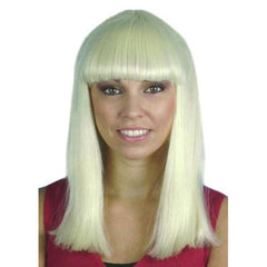 Shoulder length blonde cleo wig with bangs.