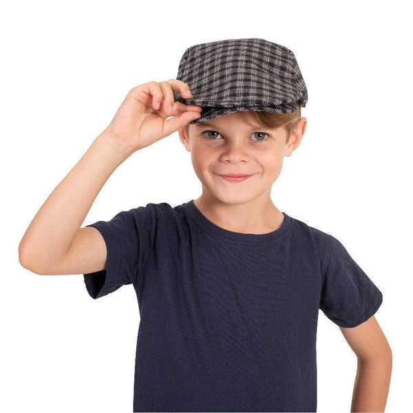 Chequered colonial flat cap for children with adjustable Velcro strap