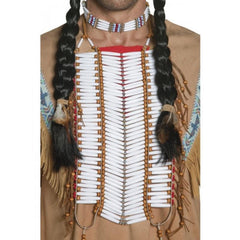 native american inspired breastplate in white and brown beads.