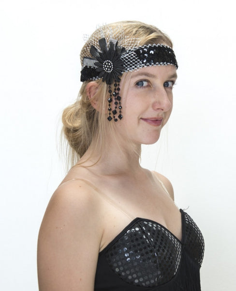 Flapper Headband with Flower - Black/Silver