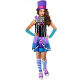 Crazy Hatter girl costume with colourful dress, purple hat, gloves, bow tie and stripe socks – Book Week outfit