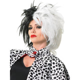 Cruella De Vil deluxe adult costume showing wig and cape