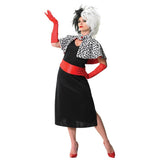 Cruella De Vil deluxe adult costume with dress, gloves, capelet, and black-and-white wig
