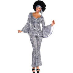 Silver sequin women’s 70s disco costume with flared pants and bell sleeves