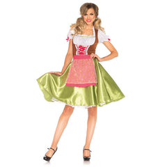 darling Greta dirndl Oktoberfest leg avenue dress with brown bodice, green skirt, small floral apron.