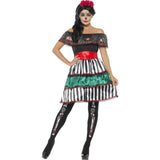 Day of the dead senorita doll, off the shoulder dress with floral print on frill, layered skirt with red belt.