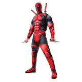 Deluxe Deadpool adult costume with muscle chest and red-and-black jumpsuit