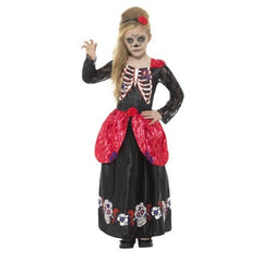 Deluxe day of the dead costume for girls, long dress with skulls and flower print around hemline, breast print on bodice, lace long sleeves and red lace peplum.