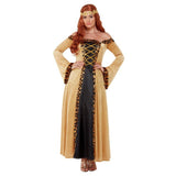Womens Deluxe Medieval Countess Costume featuring a gold medieval gown with metallic detailing for Book Week, medieval festivals and historical events.