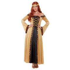 Womens Deluxe Medieval Countess Costume featuring a gold medieval gown with metallic detailing for Book Week, medieval festivals and historical events.