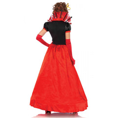 Womens Deluxe Queen of Hearts costume featuring red black and white royal dress with crown front view