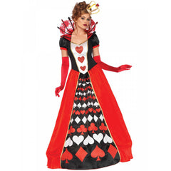 Womens Deluxe Queen of Hearts costume featuring red black and white royal dress with crown front view