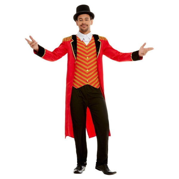 Deluxe Ringmaster Costume in red with long jacket, mock shirt, and black trousers for circus or carnival themes