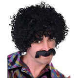 Black afro wig and moustache set for disco and retro costumes