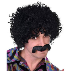 Black afro wig and moustache set for disco and retro costumes