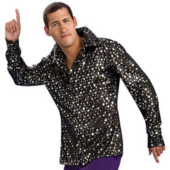 70s Disco Shirt - Silver Stars - Adult, black white with silver stars, wide collar and cuffs.