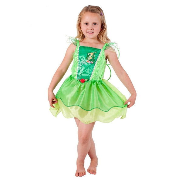 Girl wearing an officially licensed Disney Tinker Bell Classic child costume with fairy wings for Book Week or dress-up.