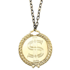 Oversized gold dollar sign medallion with chunky plastic chain
