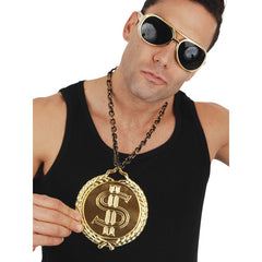 Oversized gold dollar sign medallion with chunky plastic chain