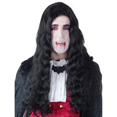 Long black costume wig with centre part and soft waves