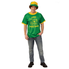 Dustin Camp know where stranger things t-shirt adult, green shirt with logo and yellow trim.